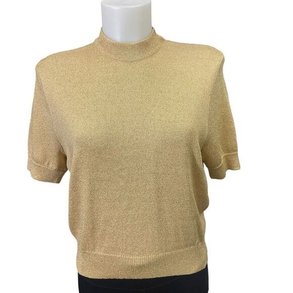 St. John Basics Gold Metallic Santana Knit Mock Neck  Sweater Top sz small‎ VTG - Picture 2 of 10